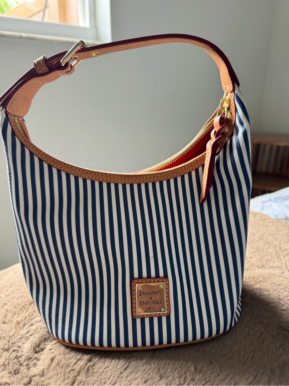 Dooney & Bourke Navy/White Stripe Bucket Bag with Tan Trim